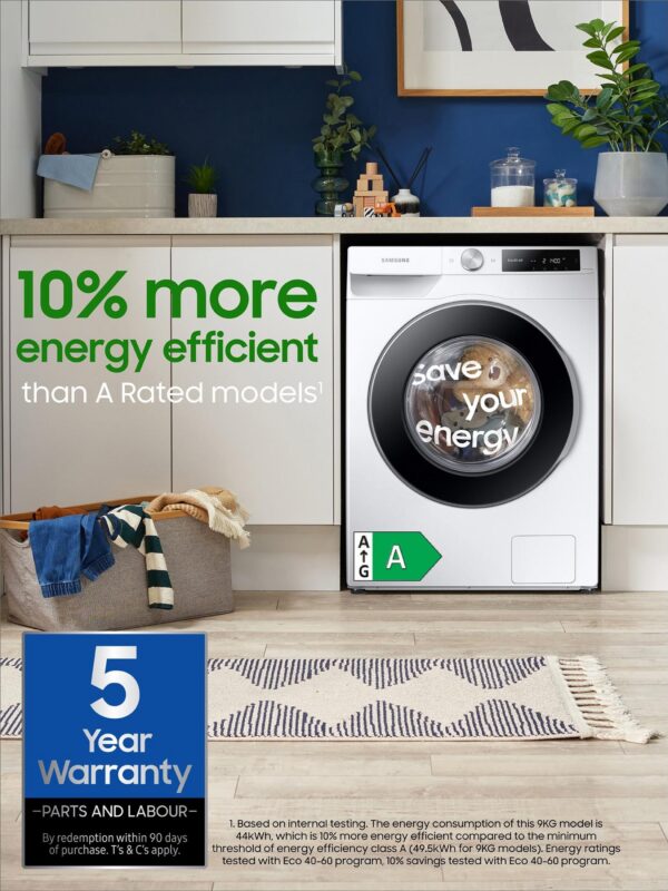 Samsung Series 5 AI Energy WW90CGC04DAEEU 9 KG Smart Washing Machine with 1400rpm, White, A Rated