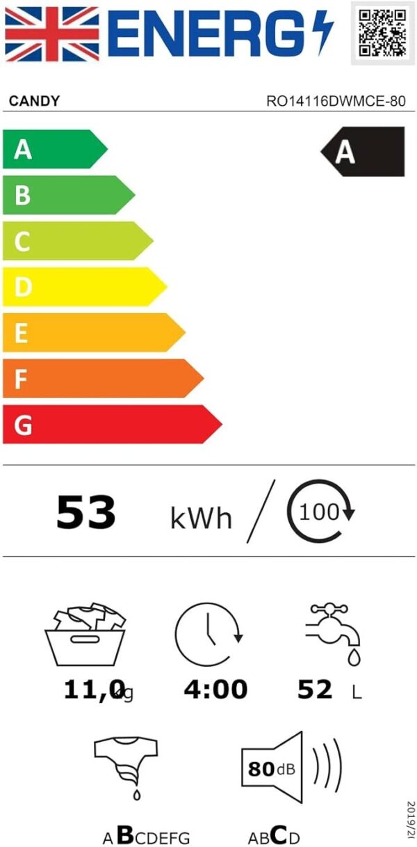 Candy Rapido Free Standing Washing Machine Wi-Fi Connected 11 kg Load 1400 rpm White RO14116DWMCE